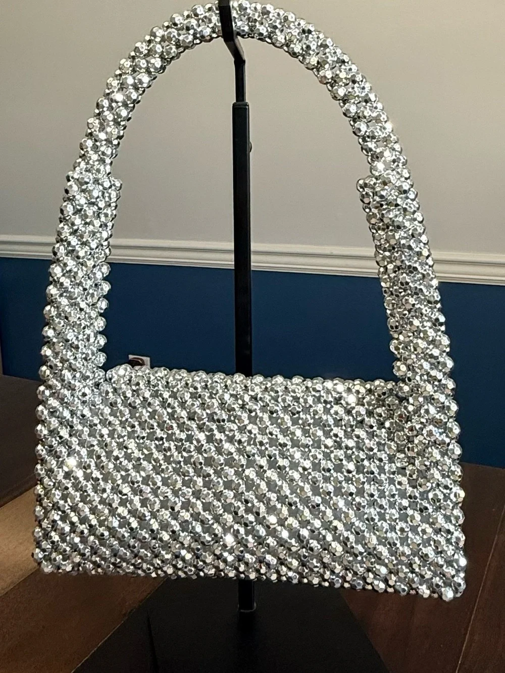 Silver Crystal Beaded Shoulder Bag - Sparkling Evening Clutch